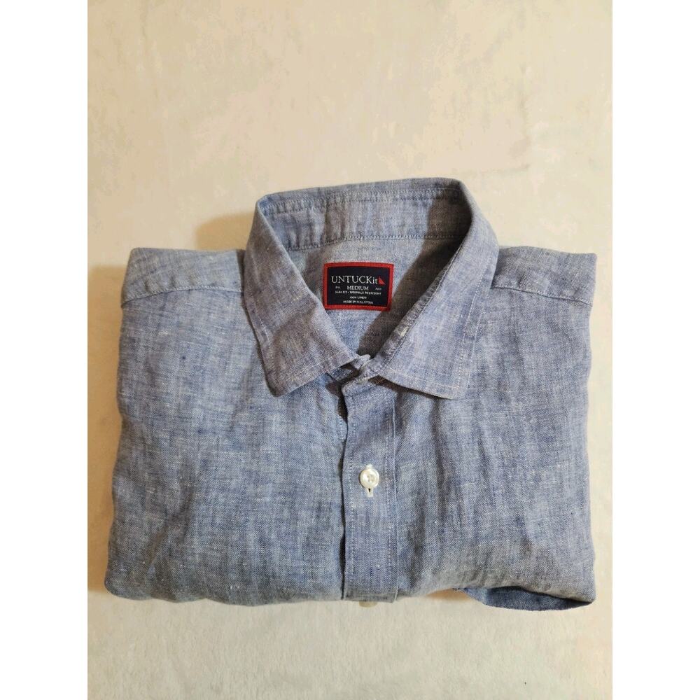 Untuckit 100% Linen Shirt Mens Medium Blue Long Sleeve Preppy Summer